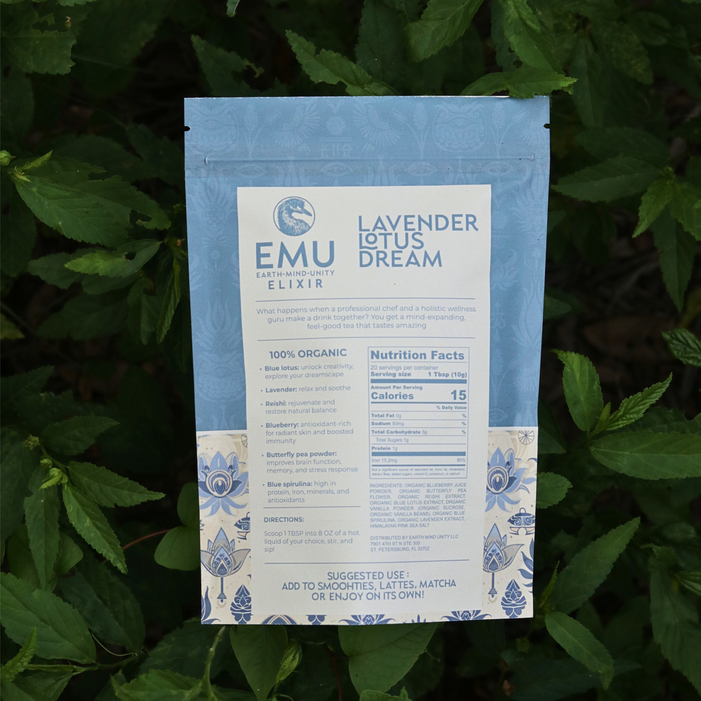 Product packaging back side on a grassy background