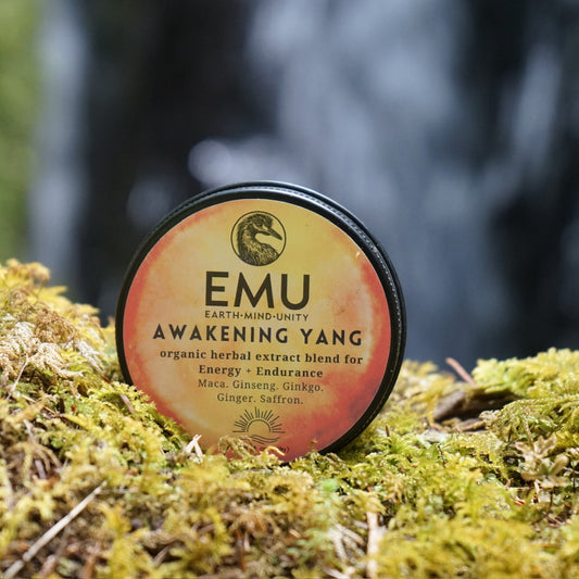 EMU Awakening Yang product on a mossy surface with a blurred natural background
